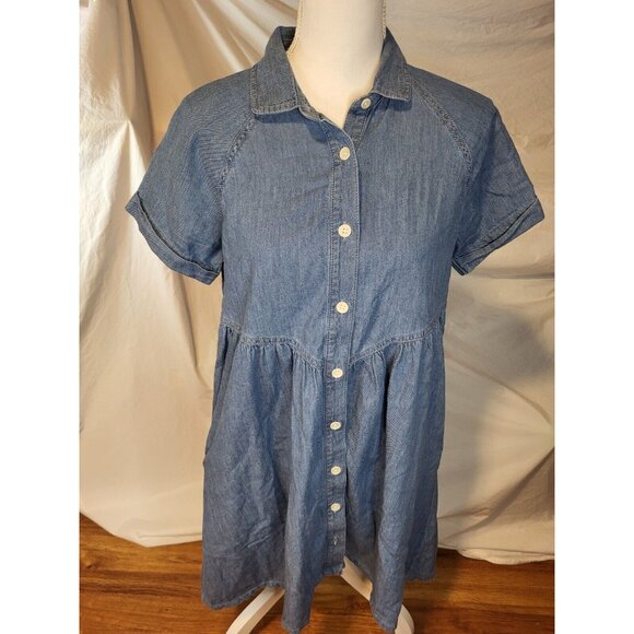 Pact Organic Cotton Babydoll Button Light Wash Denim Shirt Dress Sz S - Picture 1 of 5